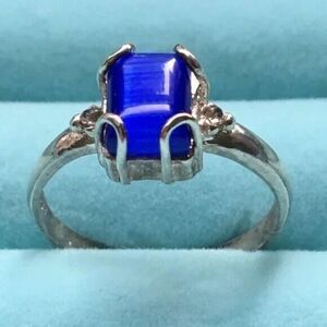 Sterling Silver 925 Ring Size 7.25 Blue Cat Eye Simulated Chatoyant Glass